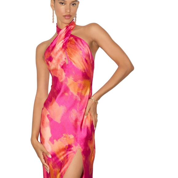 Lulus Dresses & Skirts - Lulus Beyond Classy Pink Multi Abstract Print Satin Halter Midi Dress – Sz Small